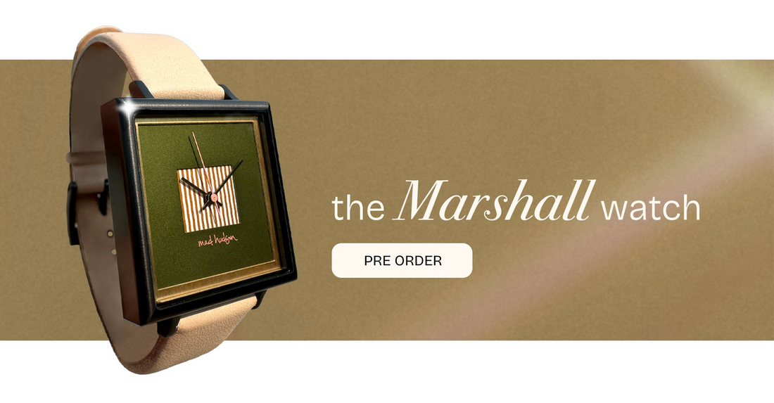 Advertisement for the Marshall watch with a pre-order button on a beige background