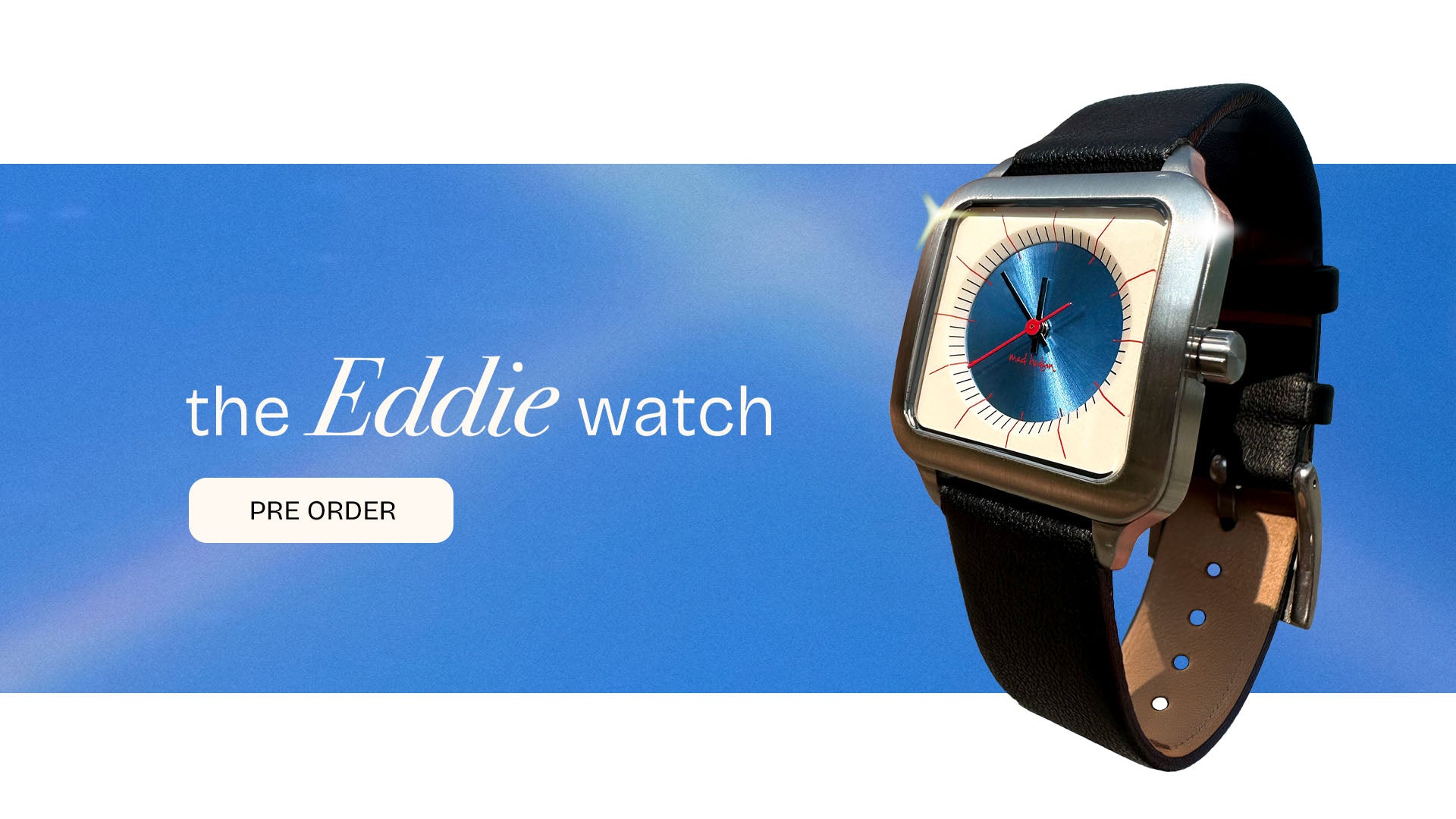 Eddie watch with black strap and blue face on a blue gradient background