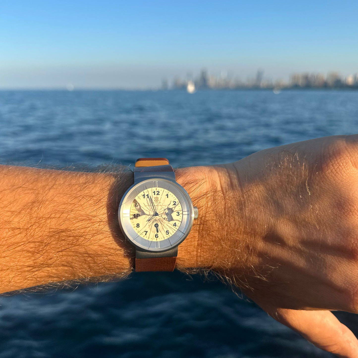 A wristwatch with a round silver-toned case, cream dial, and brown leather strap worn on a person's wrist, with a blurred ocean and distant shoreline in the background.