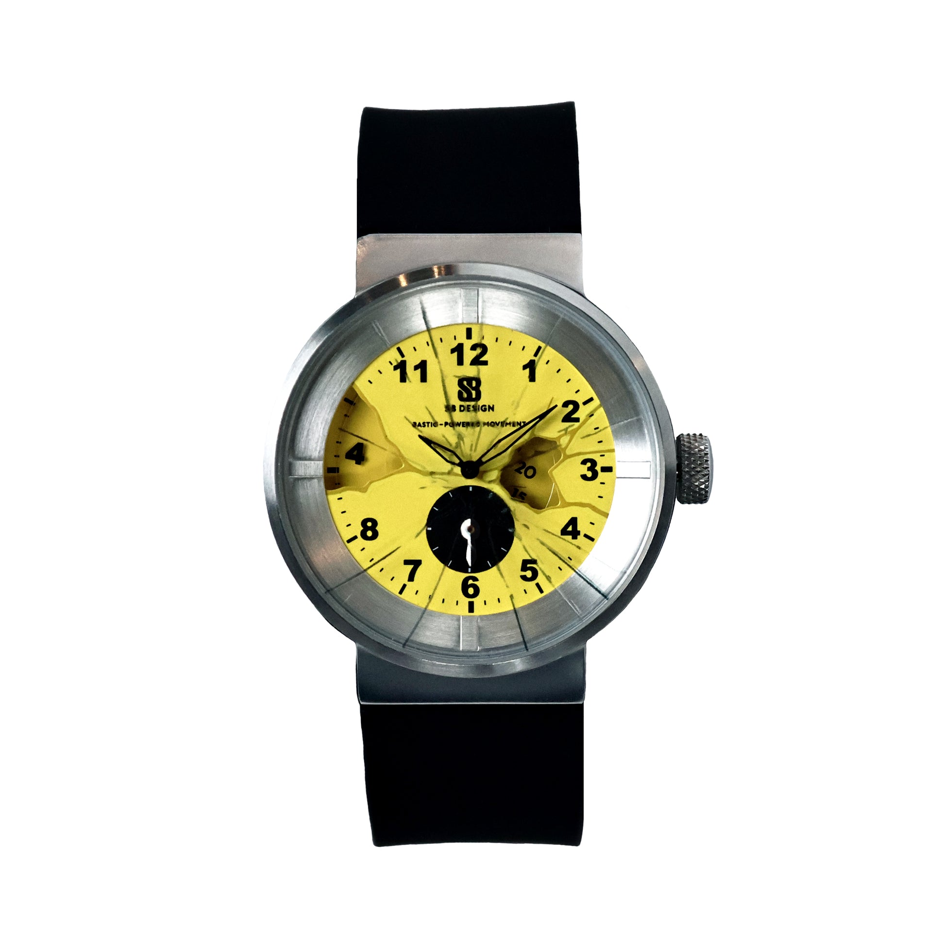 Wristwatch with yellow dial  and black numbers glass painted to look as if it is cracked and black silicone strap on a white background Broken Time Watch Brad Podray Mad Hudson
