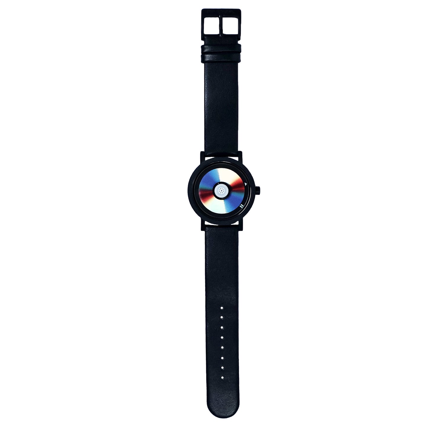 Wristwatch that looks like a CD with a blue red and iridescent face with a black stainless steel case and black leather strap on a white background CD Watch Riki Prosper Mad Hudson