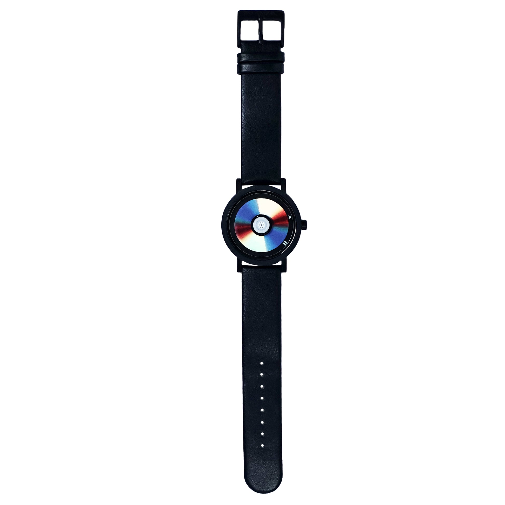 Wristwatch that looks like a CD with a blue red and iridescent face with a black stainless steel case and black leather strap on a white background CD Watch Riki Prosper Mad Hudson