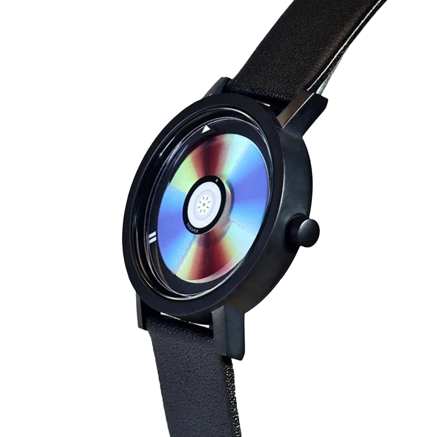 Wristwatch that looks like a CD with a blue red and iridescent face with a black stainless steel case and black leather strap on a white background CD Watch Riki Prosper Mad Hudson