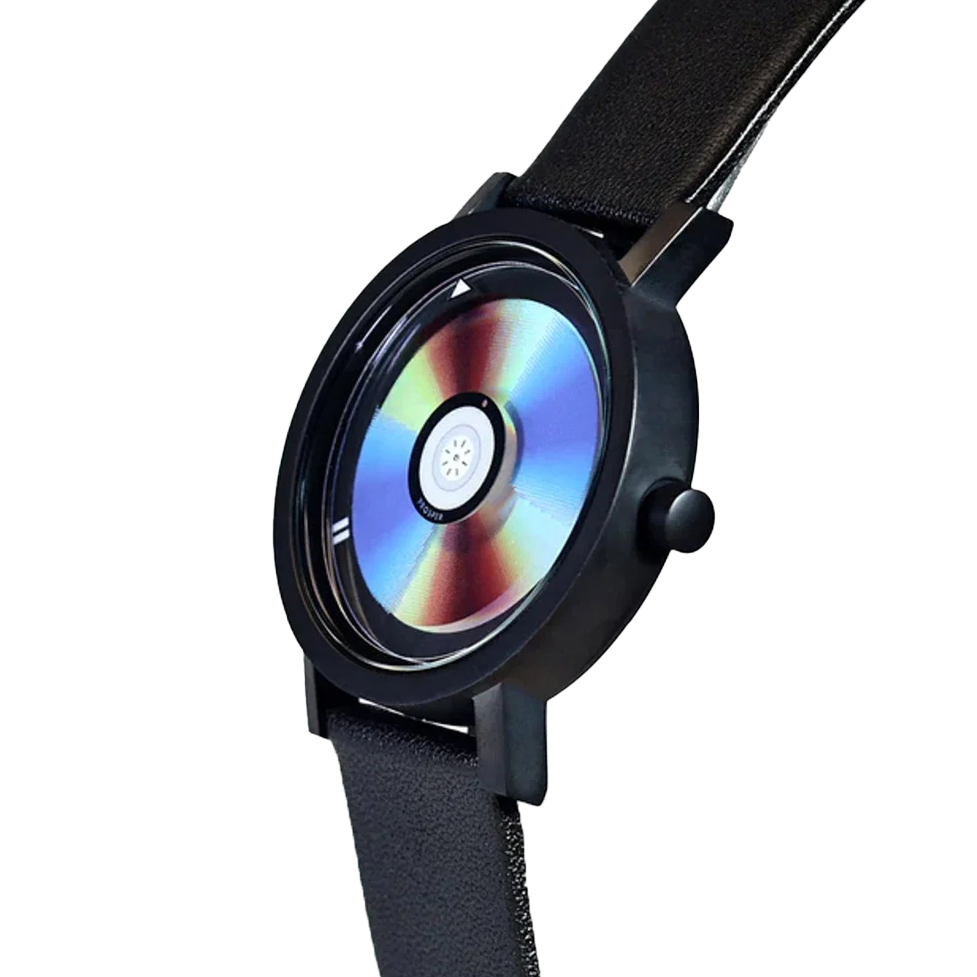 Wristwatch that looks like a CD with a blue red and iridescent face with a black stainless steel case and black leather strap on a white background CD Watch Riki Prosper Mad Hudson