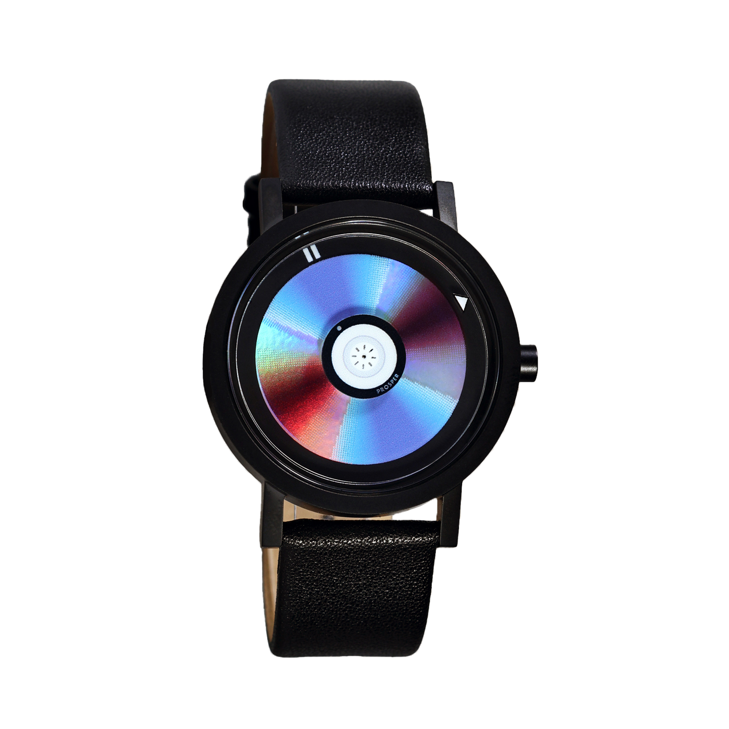 Wristwatch that looks like a CD with a blue red and iridescent face with a black stainless steel case and black leather strap on a white background CD Watch Riki Prosper Mad Hudson