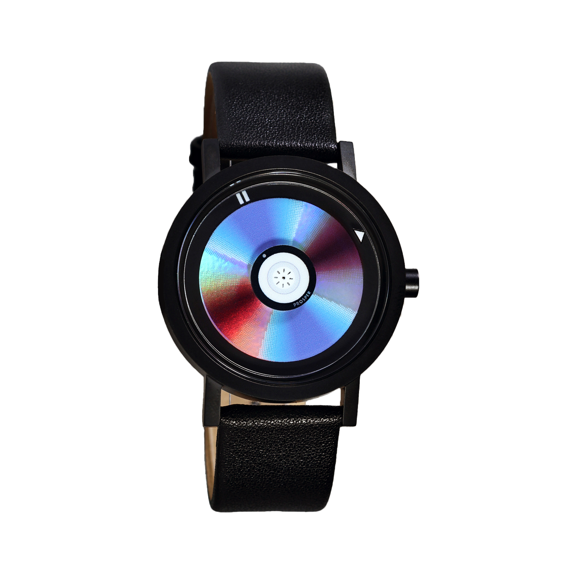 Wristwatch that looks like a CD with a blue red and iridescent face with a black stainless steel case and black leather strap on a white background CD Watch Riki Prosper Mad Hudson