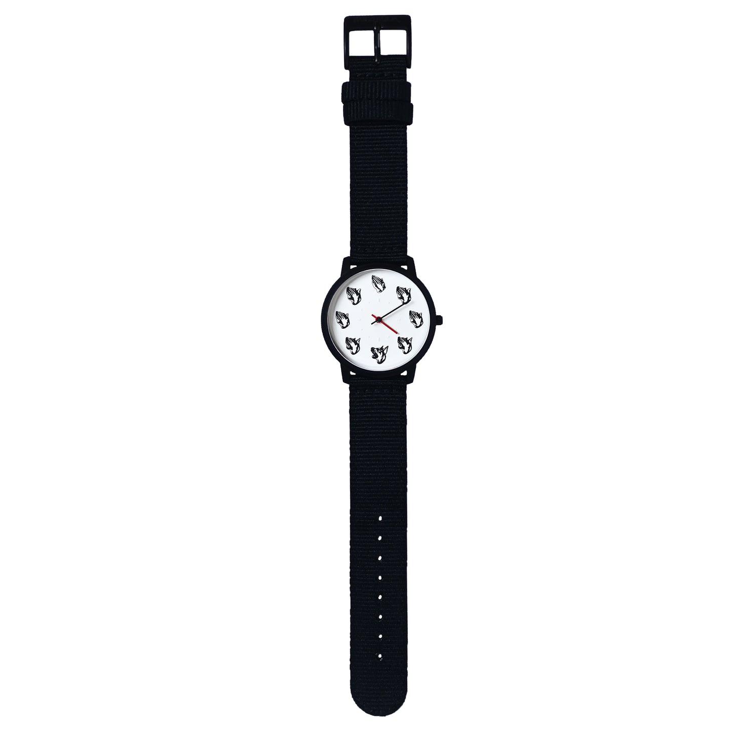 Wristwatch with a black and white face dog head and praying hands with a black stainless steel case and black nylon strap black minute hand red hour hand on a white background Dogma Watch Bryce Wong Mad Hudson