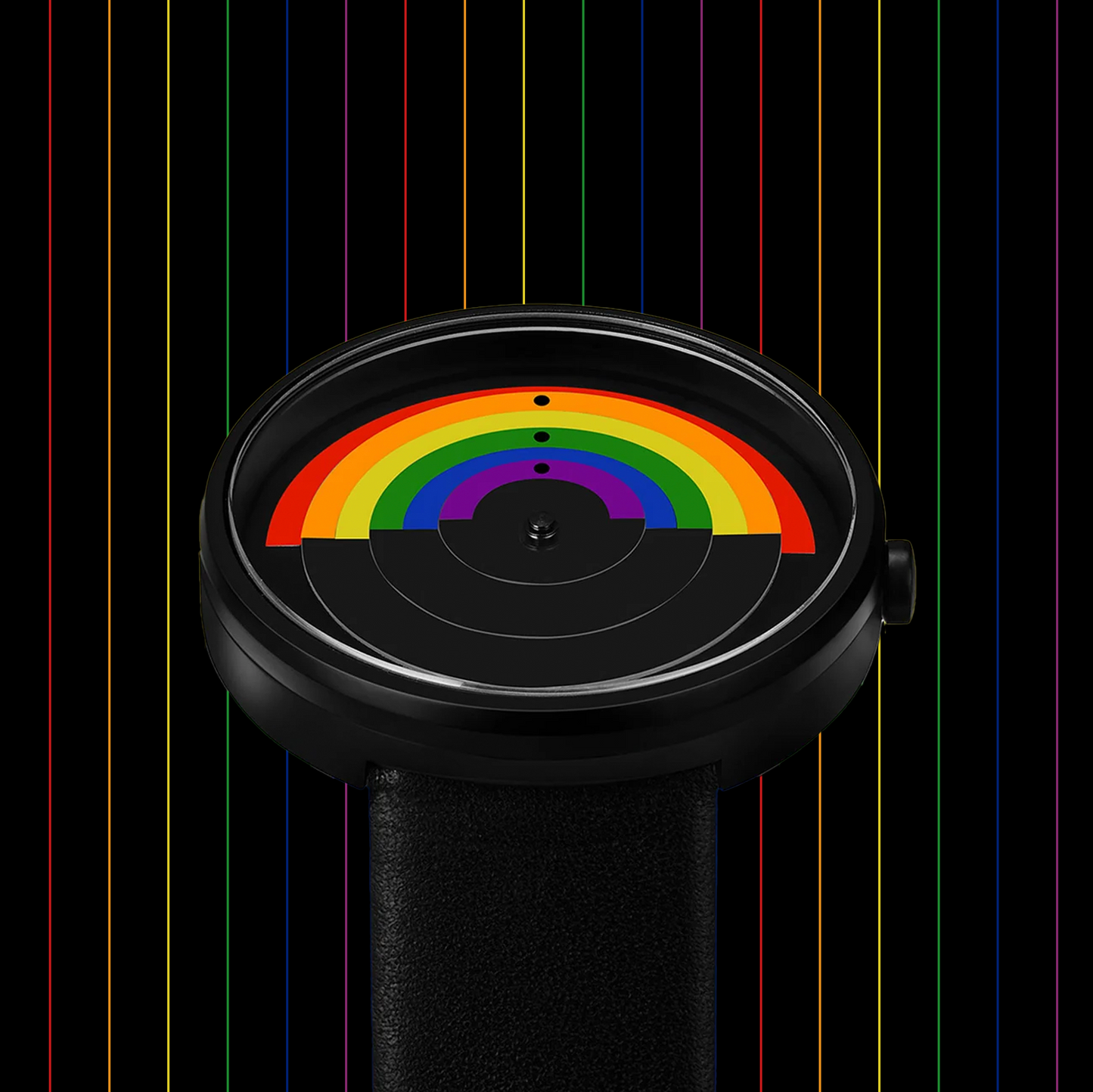 Black watch with a rainbow face on a black background with colorful vertical stripes