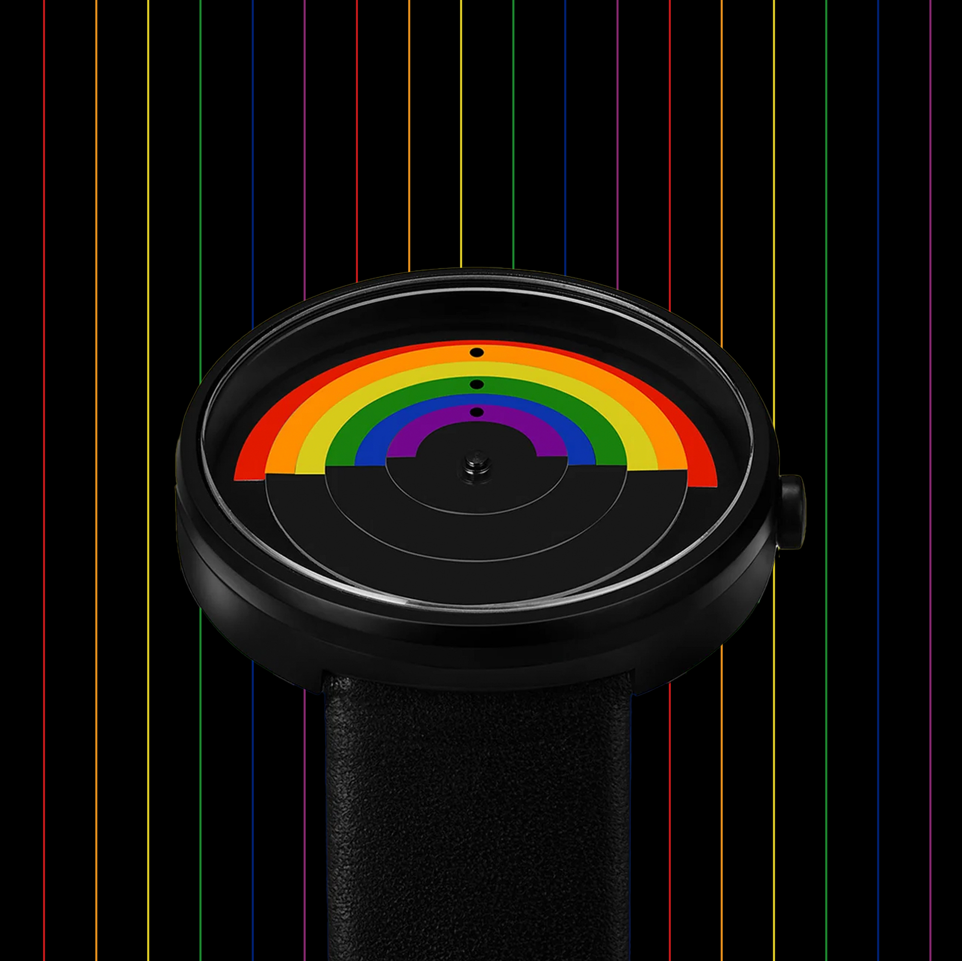 Black watch with a rainbow face on a black background with colorful vertical stripes