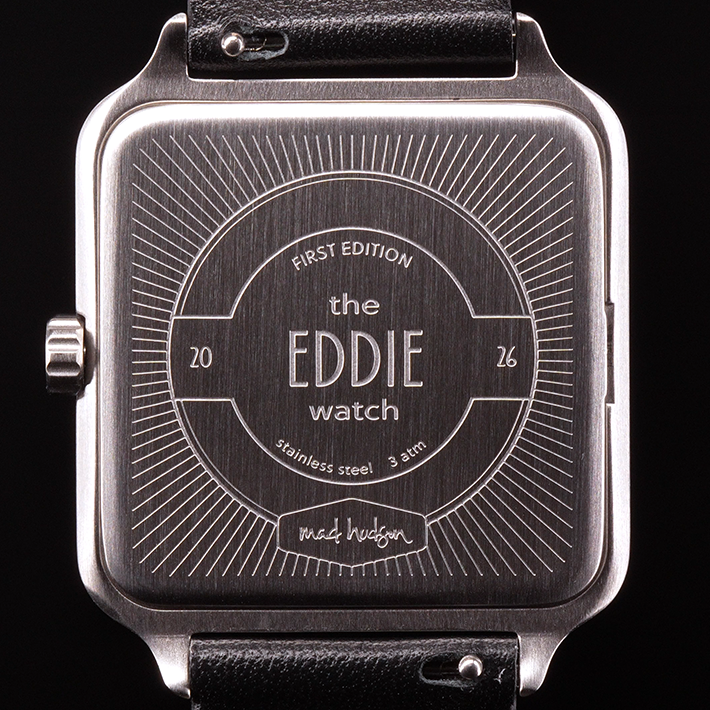 Eddie Wristwatch back of Watch with 'Eddie' branding on a black background case stainless steel