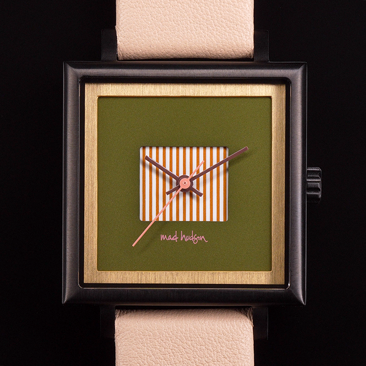 Square watch with green face and beige strap on a black background. Black stainless steel square case, beige leather band. Layered design with a gold frame. Engraved case back. Adjustable Strap. The Marshall Watch Mad Hudson Watches