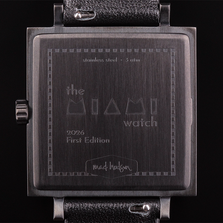 back of Square watch face with 'the Miami Watch' branding on a black background